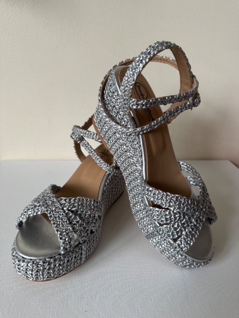 New Jennifer Tattanelli Silver Woven Platform Wedge Sandals Size 39 Italy